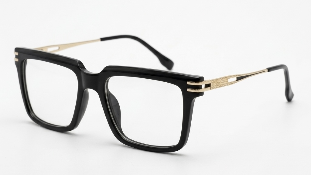 Modern Architectural Square Glasses – Classic Black Front with Intricate Gold Metal Sides