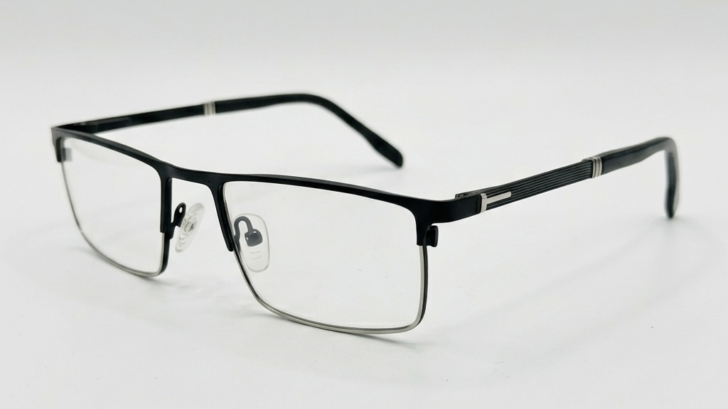 Modern Eyeglasses Frame with Black Metal Brow and Striated Silver Temples