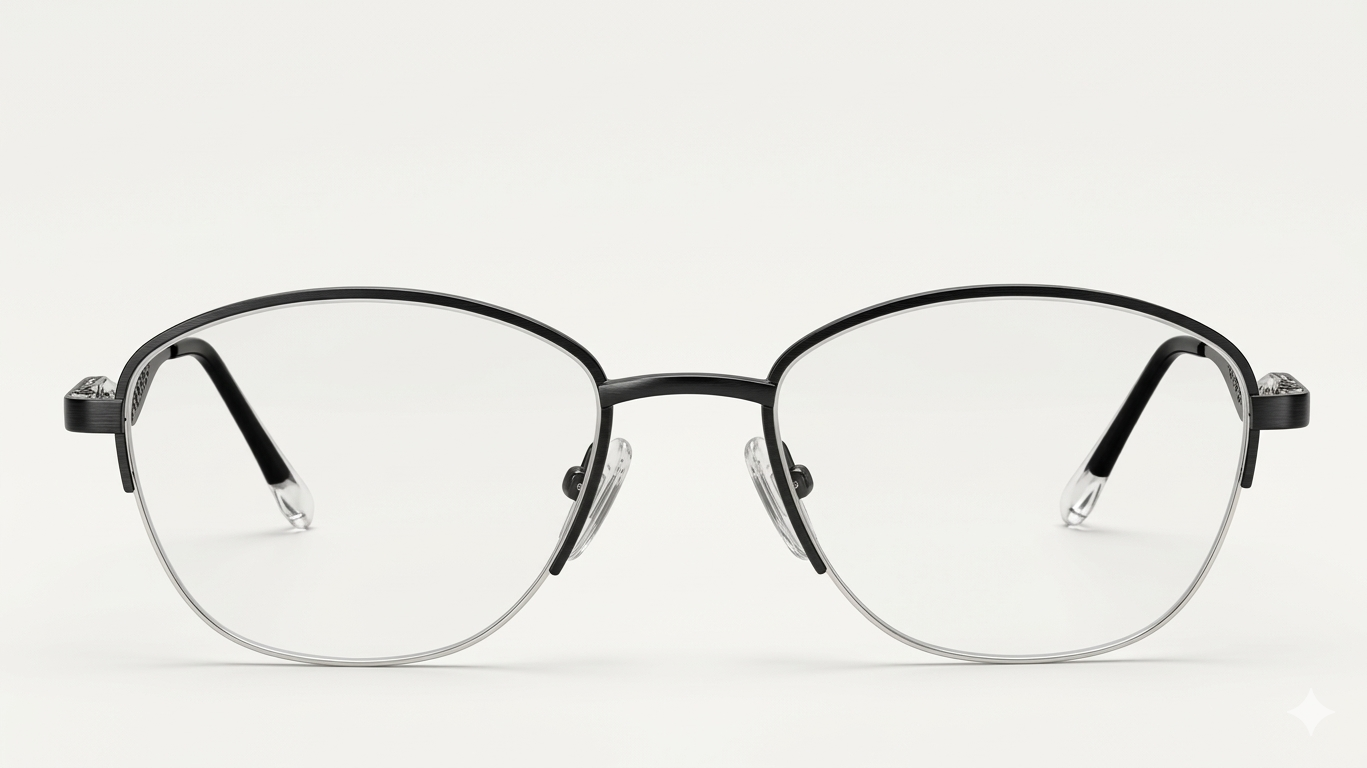 Elegant Half-Rim Cat-Eye Frames – Chic Matte Black & Silver Finish