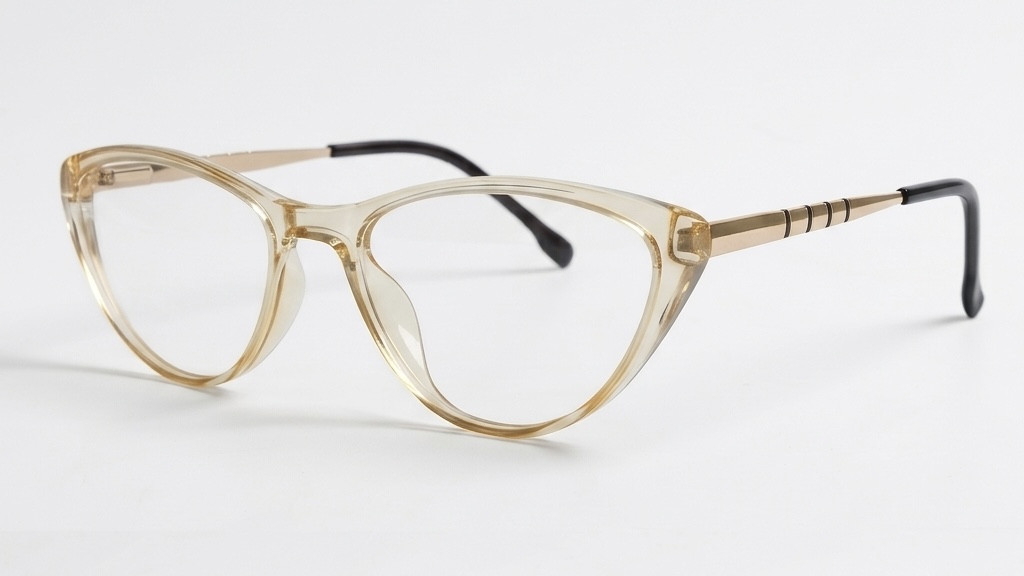 Elegant Translucent Amber Cat-Eye Eyeglasses – Lightweight Designer Frames with Gold-Tone Textured Temples for Women