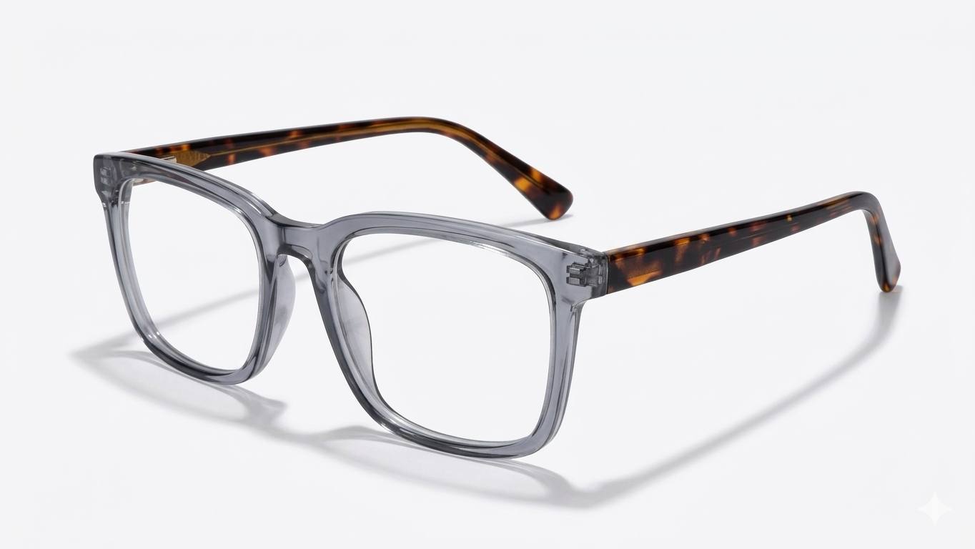 Premium Unisex Square Spectacle Frames – Translucent Grey with Tortoise Shell Temples